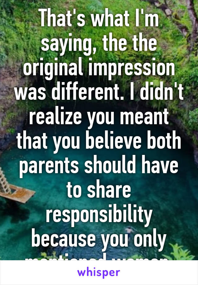 That's what I'm saying, the the original impression was different. I didn't realize you meant that you believe both parents should have to share responsibility because you only mentioned women.