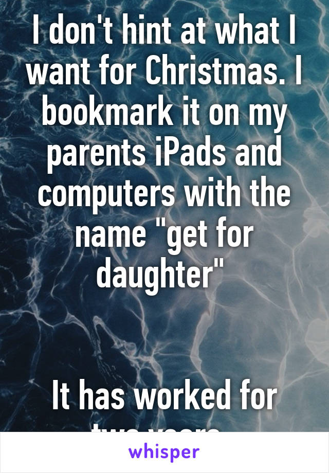 I don't hint at what I want for Christmas. I bookmark it on my parents iPads and computers with the name "get for daughter" 


It has worked for two years. 