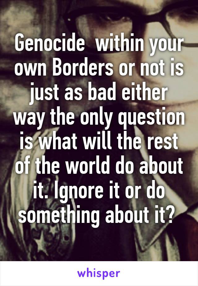 Genocide  within your own Borders or not is just as bad either way the only question is what will the rest of the world do about it. Ignore it or do something about it? 
