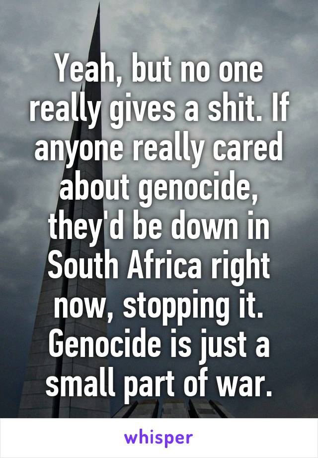 Yeah, but no one really gives a shit. If anyone really cared about genocide, they'd be down in South Africa right now, stopping it. Genocide is just a small part of war.