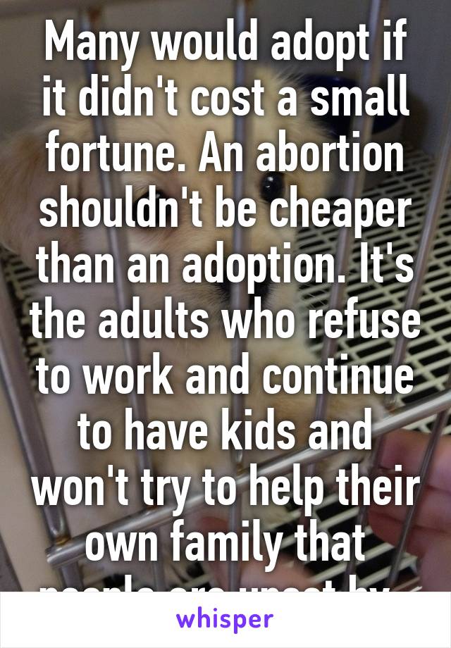 Many would adopt if it didn't cost a small fortune. An abortion shouldn't be cheaper than an adoption. It's the adults who refuse to work and continue to have kids and won't try to help their own family that people are upset by. 