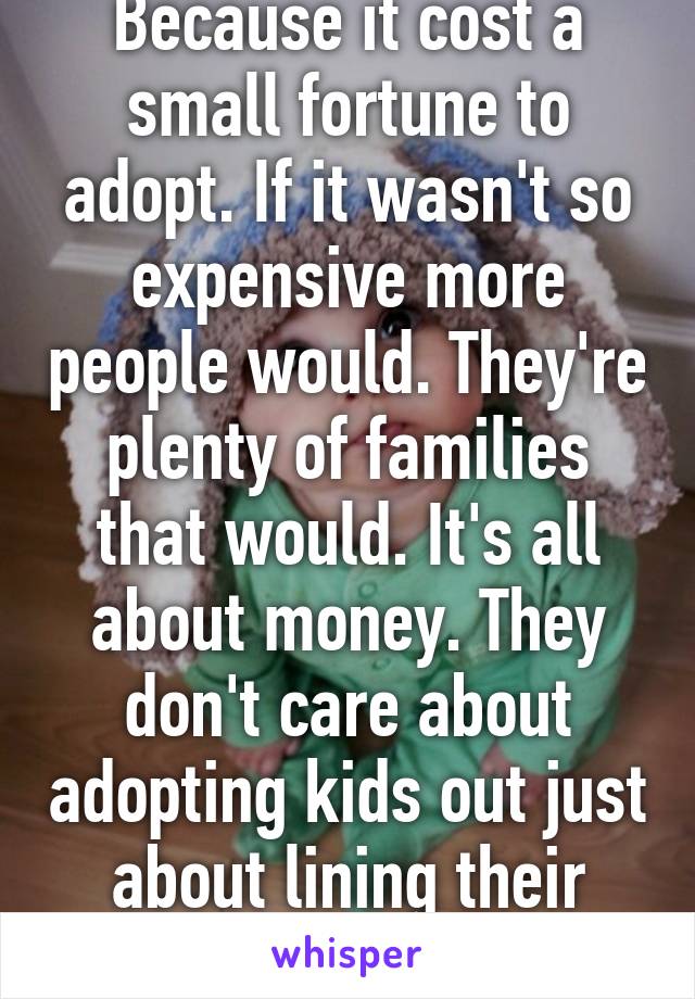 Because it cost a small fortune to adopt. If it wasn't so expensive more people would. They're plenty of families that would. It's all about money. They don't care about adopting kids out just about lining their pockets. 