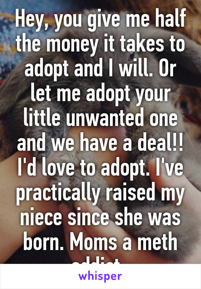 Hey, you give me half the money it takes to adopt and I will. Or let me adopt your little unwanted one and we have a deal!! I'd love to adopt. I've practically raised my niece since she was born. Moms a meth addict. 