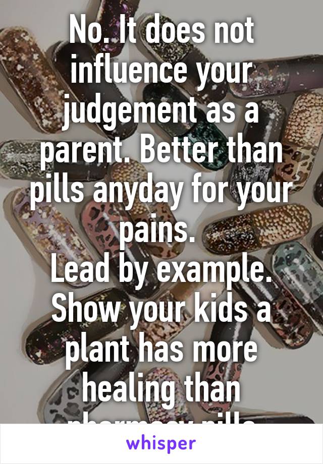 No. It does not influence your judgement as a parent. Better than pills anyday for your pains. 
Lead by example. Show your kids a plant has more healing than pharmacy pills