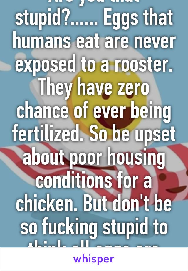 Are you that stupid?...... Eggs that humans eat are never exposed to a rooster. They have zero chance of ever being fertilized. So be upset about poor housing conditions for a chicken. But don't be so fucking stupid to think all eggs are baby chicks. 