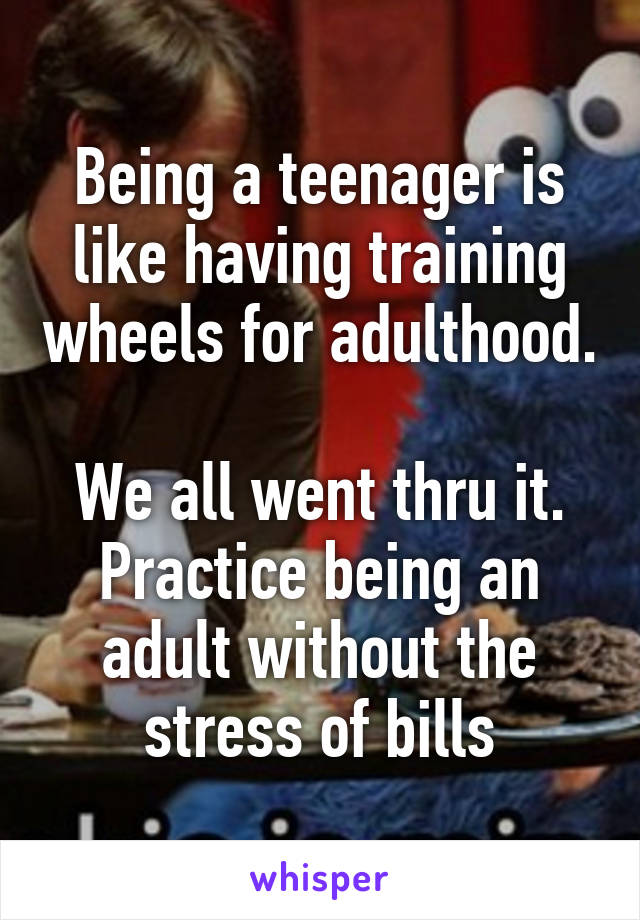 Being a teenager is like having training wheels for adulthood.

We all went thru it.
Practice being an adult without the stress of bills