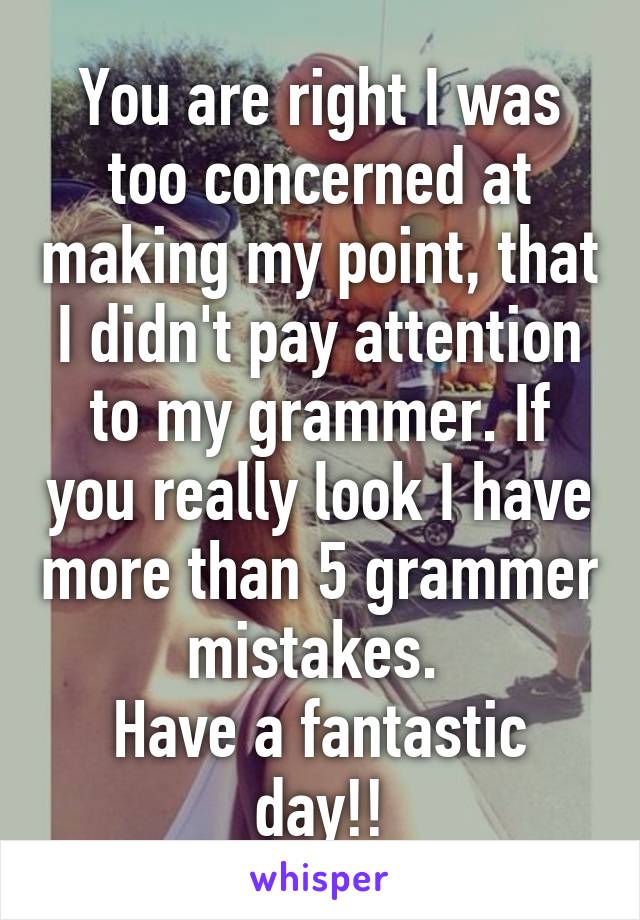 You are right I was too concerned at making my point, that I didn't pay attention to my grammer. If you really look I have more than 5 grammer mistakes. 
Have a fantastic day!!