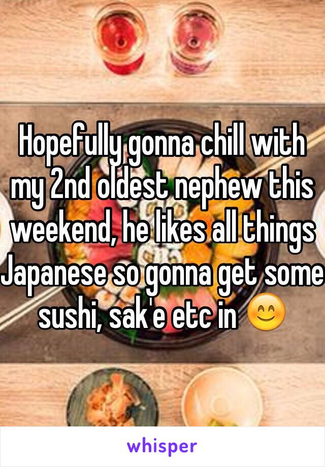 Hopefully gonna chill with my 2nd oldest nephew this weekend, he likes all things Japanese so gonna get some sushi, sak'e etc in 😊