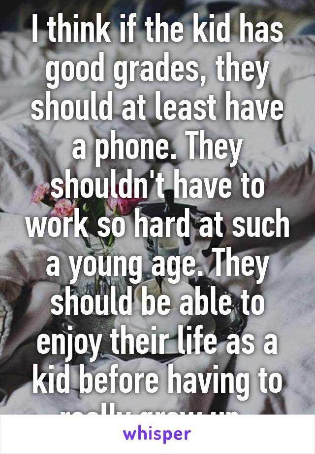 I think if the kid has good grades, they should at least have a phone. They shouldn't have to work so hard at such a young age. They should be able to enjoy their life as a kid before having to really grow up. 