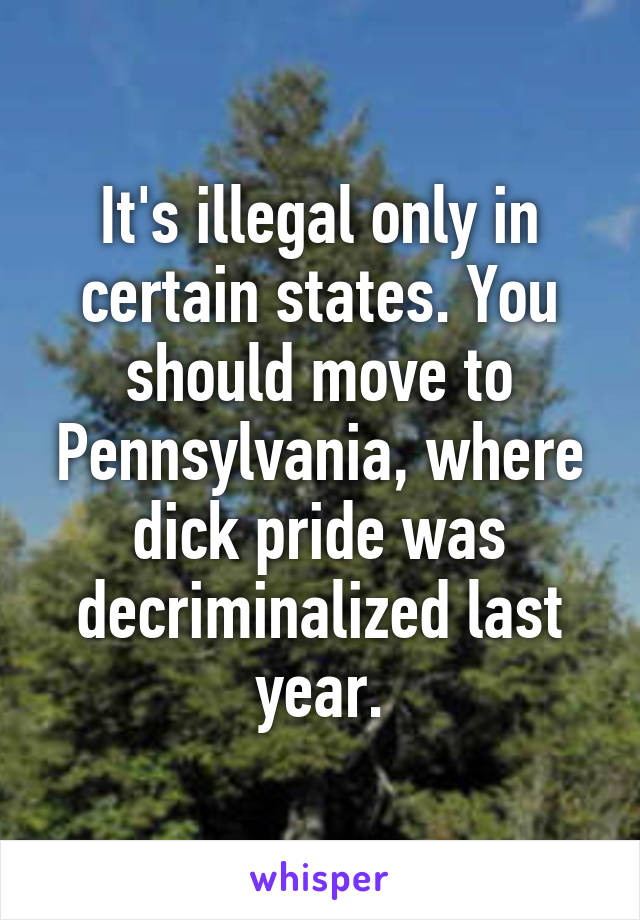 It's illegal only in certain states. You should move to Pennsylvania, where dick pride was decriminalized last year.