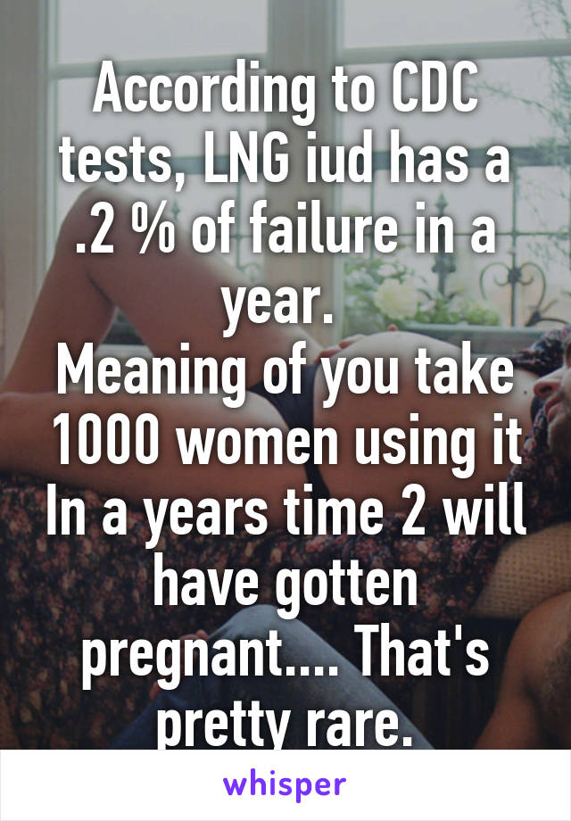 According to CDC tests, LNG iud has a .2 % of failure in a year. 
Meaning of you take 1000 women using it In a years time 2 will have gotten pregnant.... That's pretty rare.