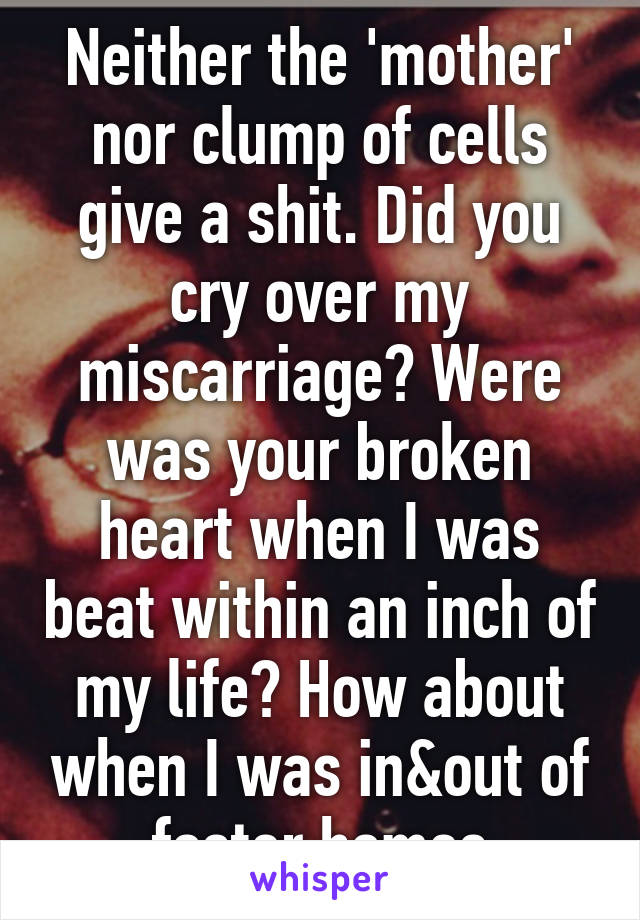 Neither the 'mother' nor clump of cells give a shit. Did you cry over my miscarriage? Were was your broken heart when I was beat within an inch of my life? How about when I was in&out of foster homes