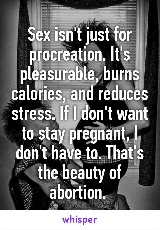 Sex isn't just for procreation. It's pleasurable, burns calories, and reduces stress. If I don't want to stay pregnant, I don't have to. That's the beauty of abortion. 