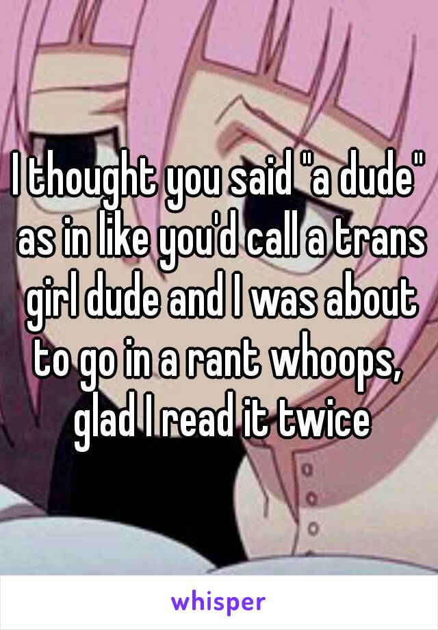 I thought you said "a dude" as in like you'd call a trans girl dude and I was about to go in a rant whoops,  glad I read it twice