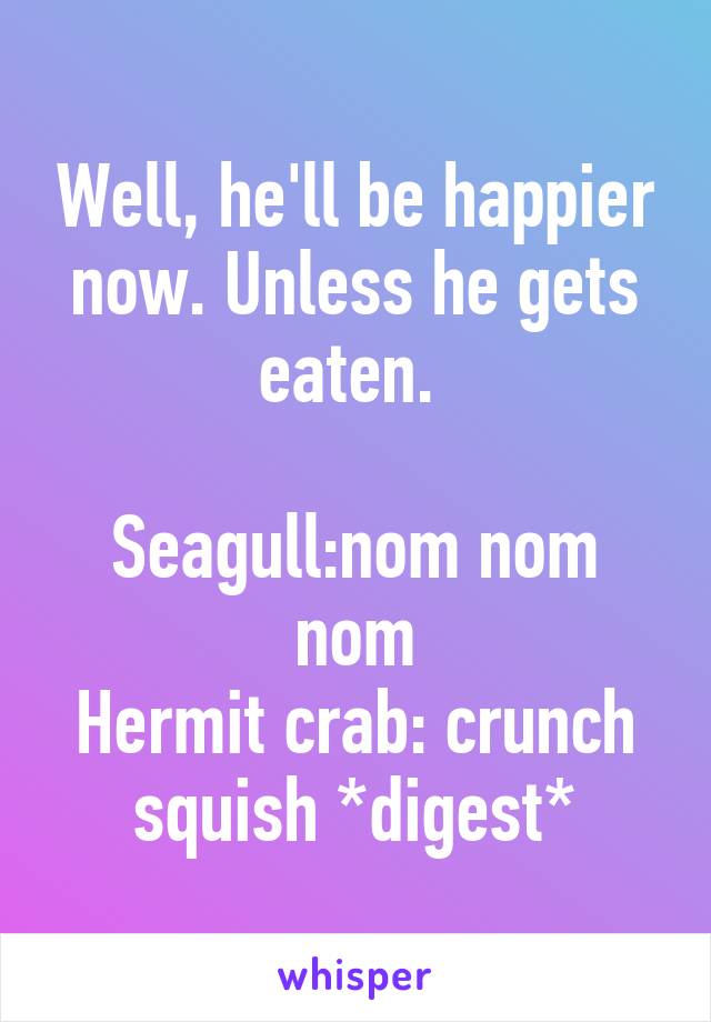 Well, he'll be happier now. Unless he gets eaten. 

Seagull:nom nom nom
Hermit crab: crunch squish *digest*