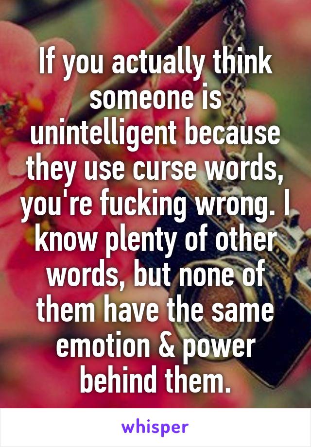 If you actually think someone is unintelligent because they use curse words, you're fucking wrong. I know plenty of other words, but none of them have the same emotion & power behind them.