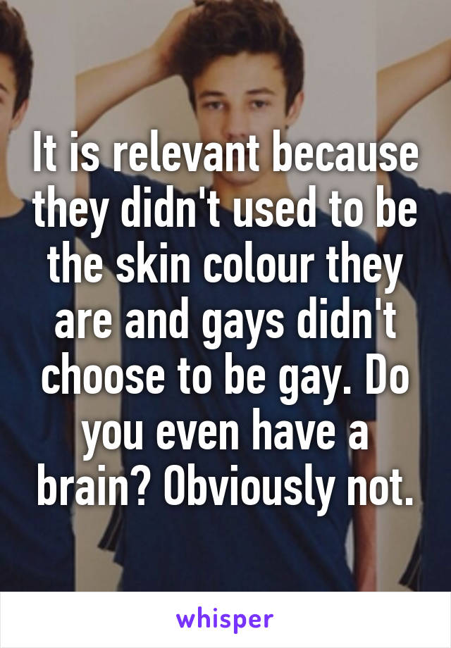 It is relevant because they didn't used to be the skin colour they are and gays didn't choose to be gay. Do you even have a brain? Obviously not.