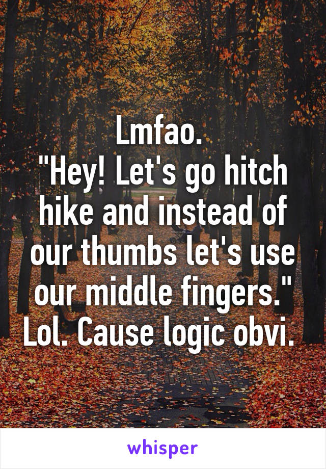 Lmfao. 
"Hey! Let's go hitch hike and instead of our thumbs let's use our middle fingers." Lol. Cause logic obvi. 