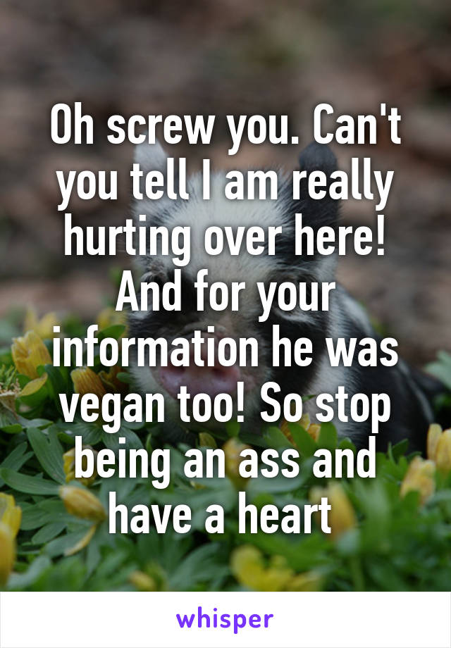 Oh screw you. Can't you tell I am really hurting over here! And for your information he was vegan too! So stop being an ass and have a heart 