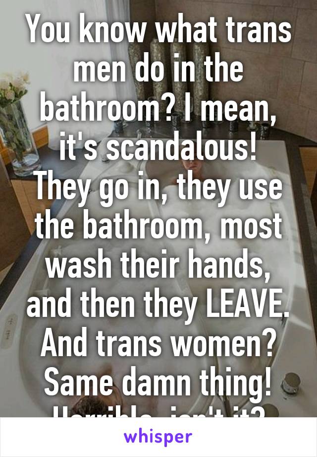 You know what trans men do in the bathroom? I mean, it's scandalous!
They go in, they use the bathroom, most wash their hands, and then they LEAVE. And trans women? Same damn thing! Horrible, isn't it?