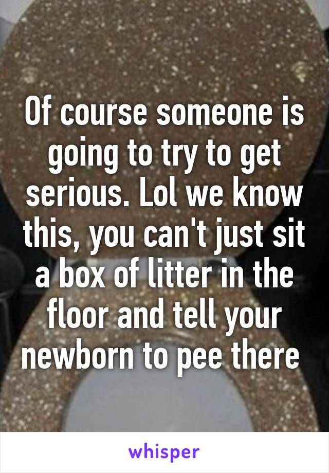 Of course someone is going to try to get serious. Lol we know this, you can't just sit a box of litter in the floor and tell your newborn to pee there 