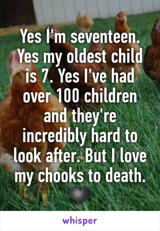 Yes I'm seventeen. Yes my oldest child is 7. Yes I've had over 100 children and they're incredibly hard to look after. But I love my chooks to death. ❤