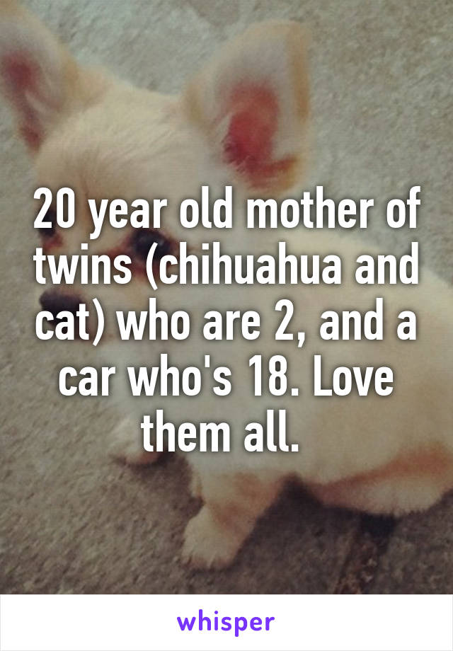 20 year old mother of twins (chihuahua and cat) who are 2, and a car who's 18. Love them all. 