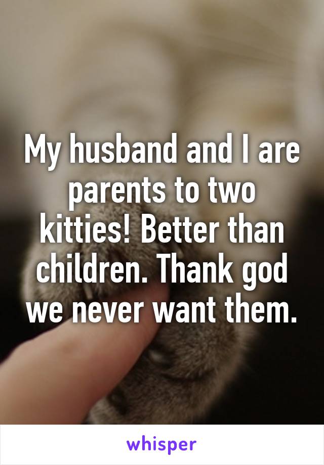 My husband and I are parents to two kitties! Better than children. Thank god we never want them.