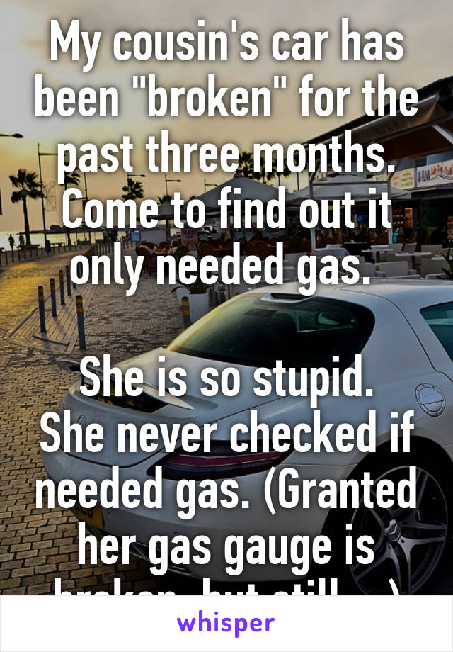 My cousin's car has been "broken" for the past three months. Come to find out it only needed gas. 

She is so stupid. She never checked if needed gas. (Granted her gas gauge is broken, but still....)