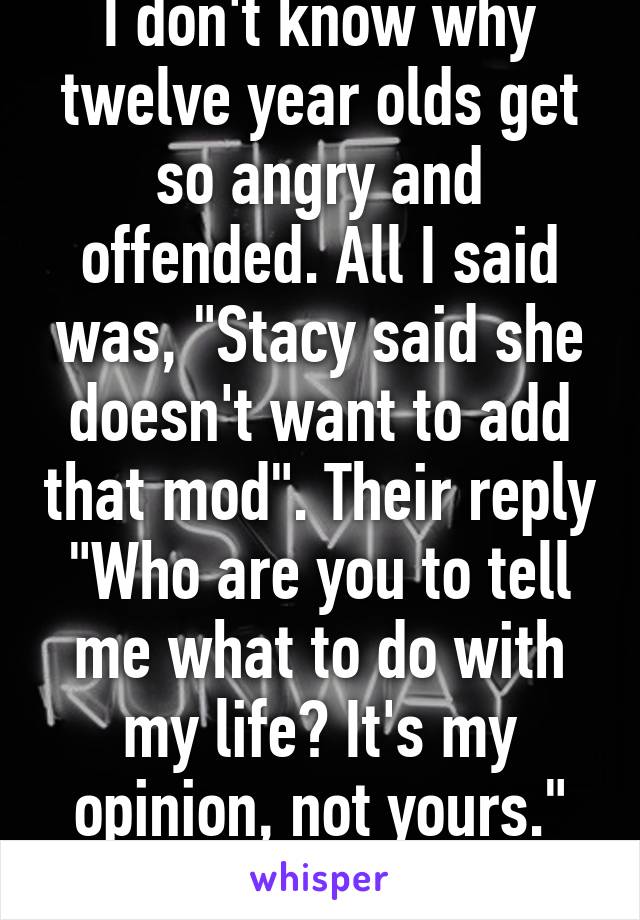 I don't know why twelve year olds get so angry and offended. All I said was, "Stacy said she doesn't want to add that mod". Their reply "Who are you to tell me what to do with my life? It's my opinion, not yours." What the heck?