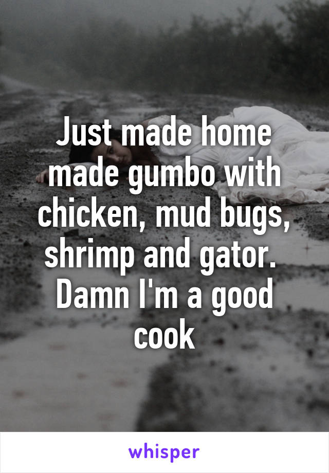 Just made home made gumbo with chicken, mud bugs, shrimp and gator. 
Damn I'm a good cook