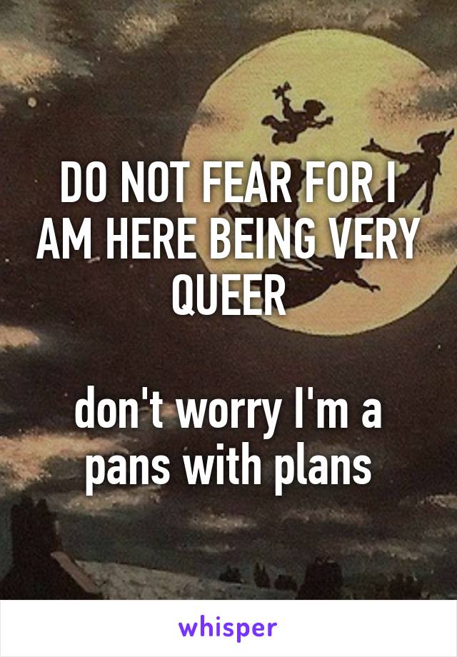 DO NOT FEAR FOR I AM HERE BEING VERY QUEER

don't worry I'm a pans with plans