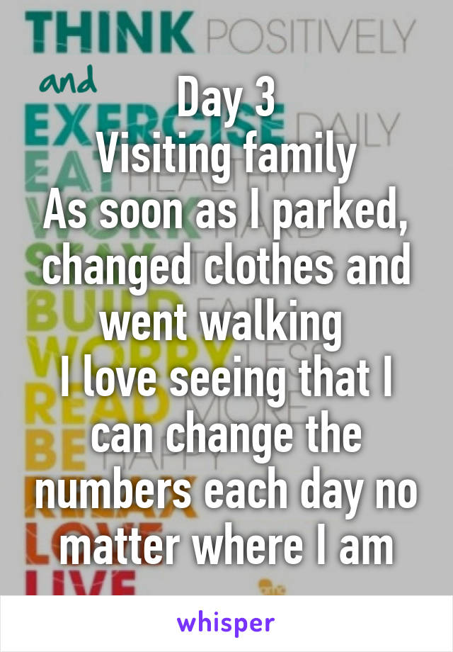 Day 3
Visiting family
As soon as I parked, changed clothes and went walking 
I love seeing that I can change the numbers each day no matter where I am