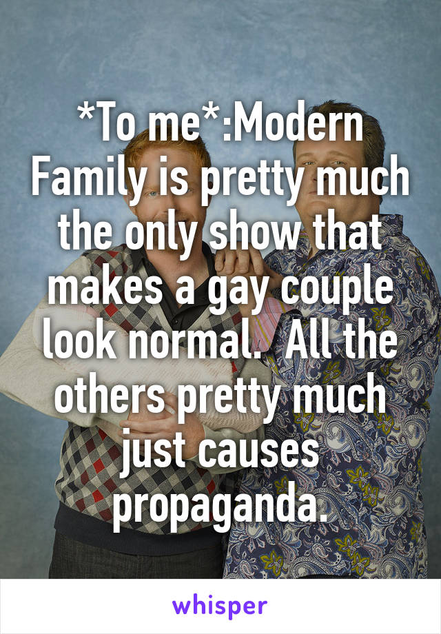 *To me*:Modern Family is pretty much the only show that makes a gay couple look normal.  All the others pretty much just causes propaganda.