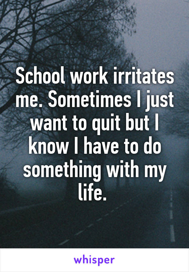 School work irritates me. Sometimes I just want to quit but I know I have to do something with my life. 