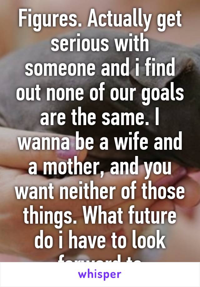 Figures. Actually get serious with someone and i find out none of our goals are the same. I wanna be a wife and a mother, and you want neither of those things. What future do i have to look forward to