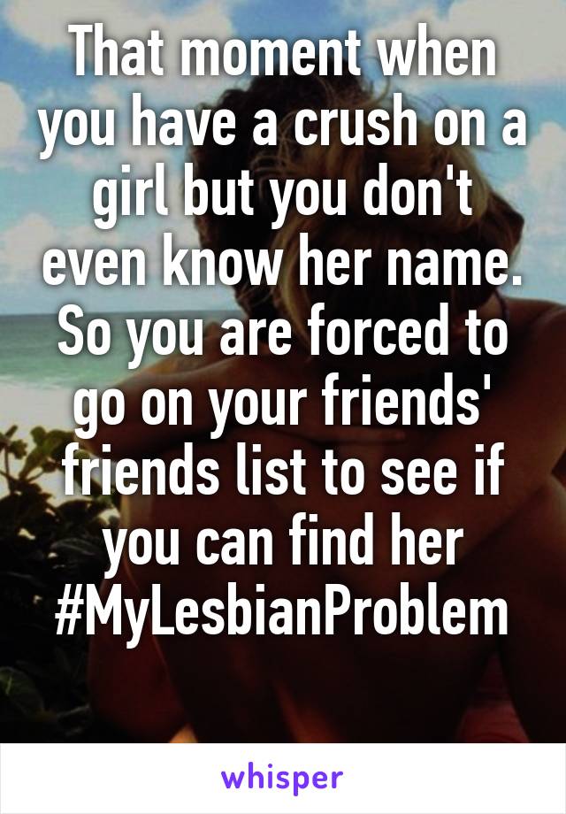 That moment when you have a crush on a girl but you don't even know her name. So you are forced to go on your friends' friends list to see if you can find her
#MyLesbianProblem

