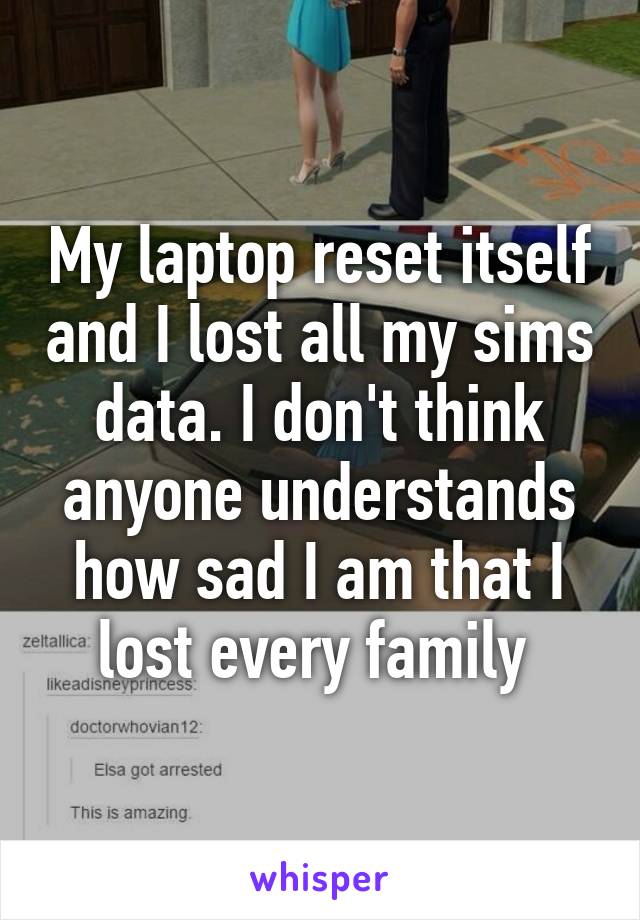 My laptop reset itself and I lost all my sims data. I don't think anyone understands how sad I am that I lost every family 