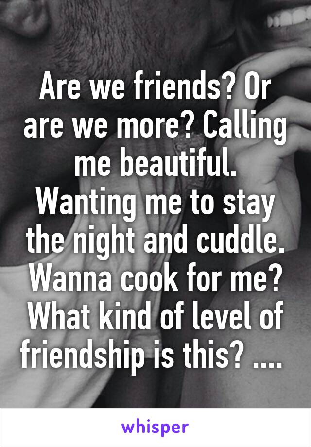 Are we friends? Or are we more? Calling me beautiful. Wanting me to stay the night and cuddle. Wanna cook for me? What kind of level of friendship is this? .... 