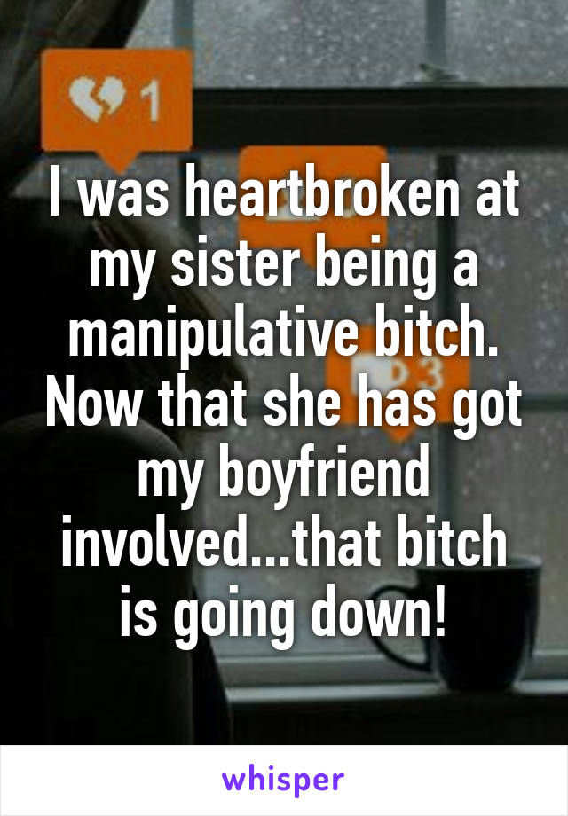 I was heartbroken at my sister being a manipulative bitch. Now that she has got my boyfriend involved...that bitch is going down!