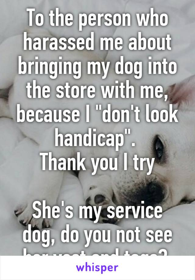 To the person who harassed me about bringing my dog into the store with me, because I "don't look handicap". 
Thank you I try

She's my service dog, do you not see her vest and tags? 