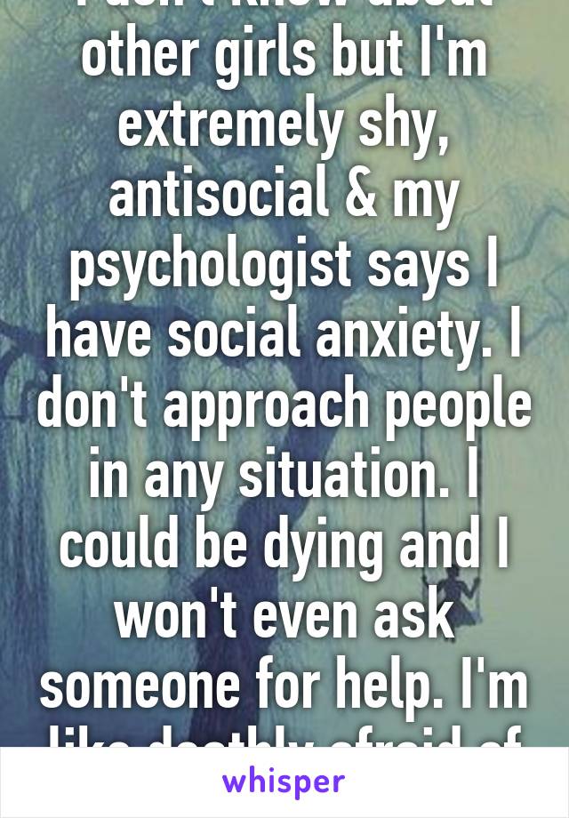 I don't know about other girls but I'm extremely shy, antisocial & my psychologist says I have social anxiety. I don't approach people in any situation. I could be dying and I won't even ask someone for help. I'm like deathly afraid of talking 