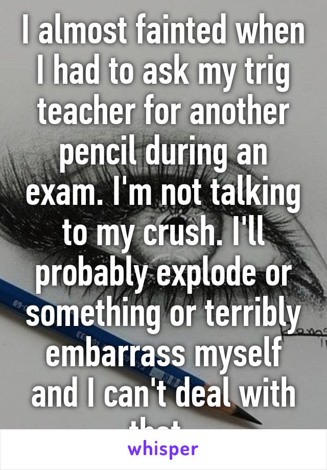 I almost fainted when I had to ask my trig teacher for another pencil during an exam. I'm not talking to my crush. I'll probably explode or something or terribly embarrass myself and I can't deal with that. 