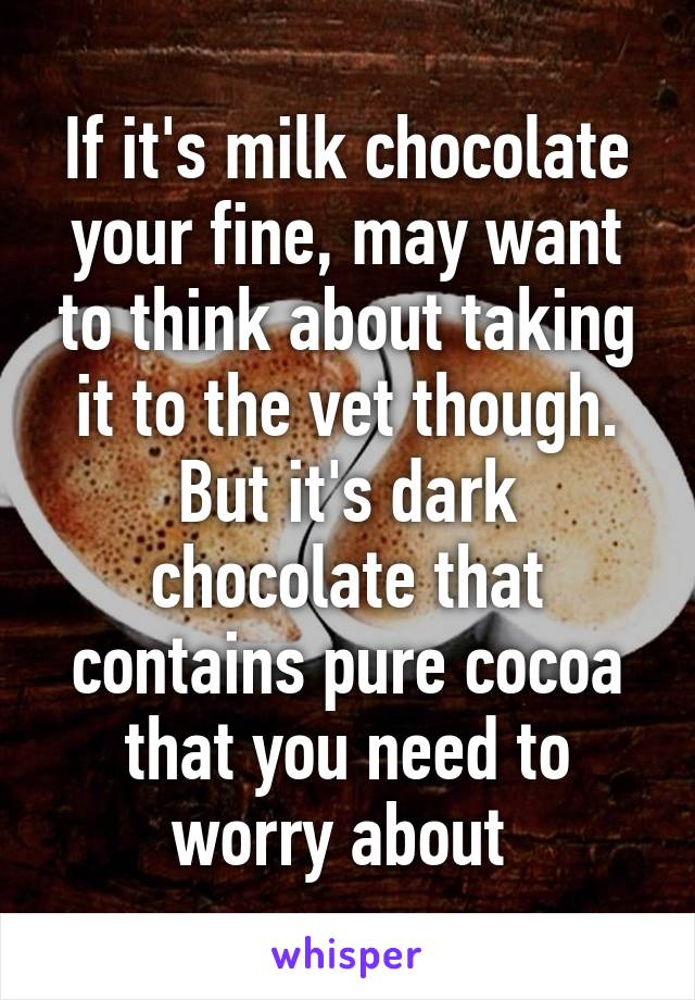 If it's milk chocolate your fine, may want to think about taking it to the vet though. But it's dark chocolate that contains pure cocoa that you need to worry about 