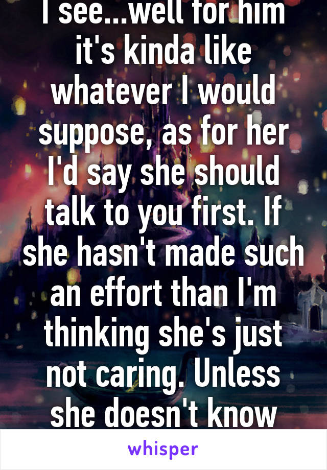 I see...well for him it's kinda like whatever I would suppose, as for her I'd say she should talk to you first. If she hasn't made such an effort than I'm thinking she's just not caring. Unless she doesn't know he's your ex...