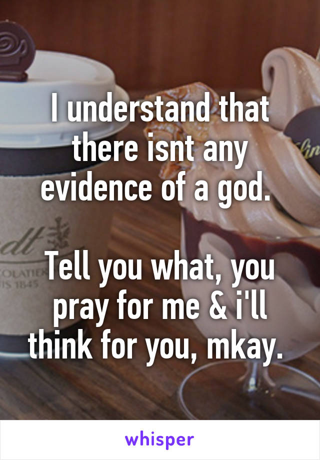 I understand that there isnt any evidence of a god. 

Tell you what, you pray for me & i'll think for you, mkay. 