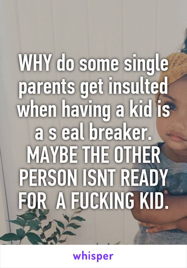 WHY do some single parents get insulted when having a kid is a s eal breaker. MAYBE THE OTHER PERSON ISNT READY FOR  A FUCKING KID.