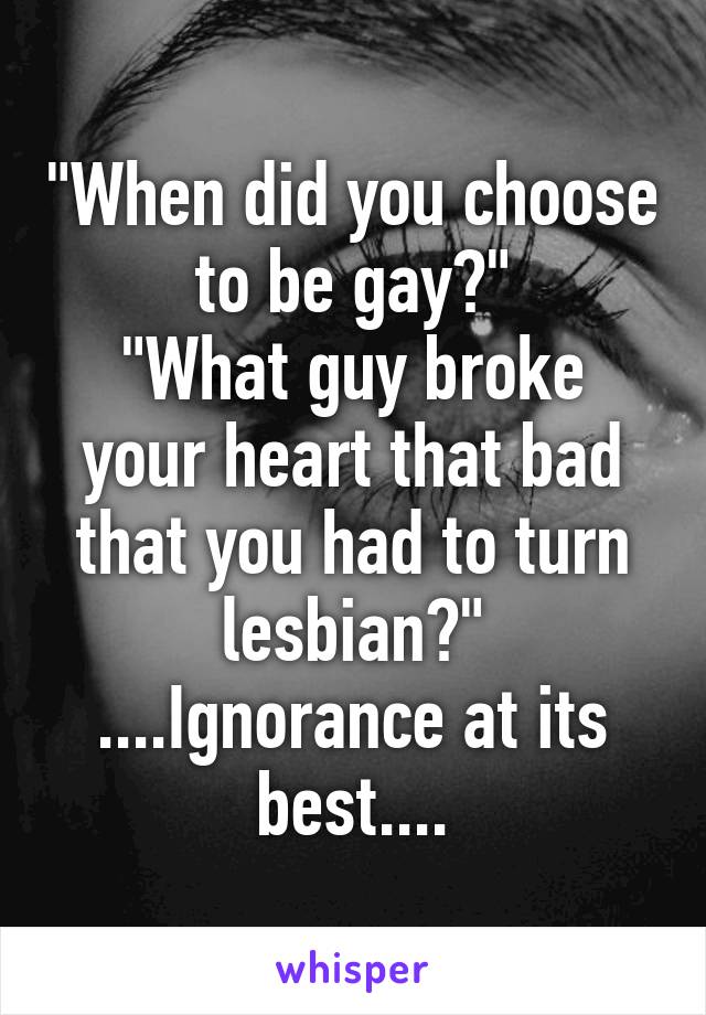 "When did you choose to be gay?"
"What guy broke your heart that bad that you had to turn lesbian?"
....Ignorance at its best....