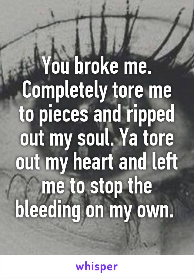You broke me. Completely tore me to pieces and ripped out my soul. Ya tore out my heart and left me to stop the bleeding on my own. 