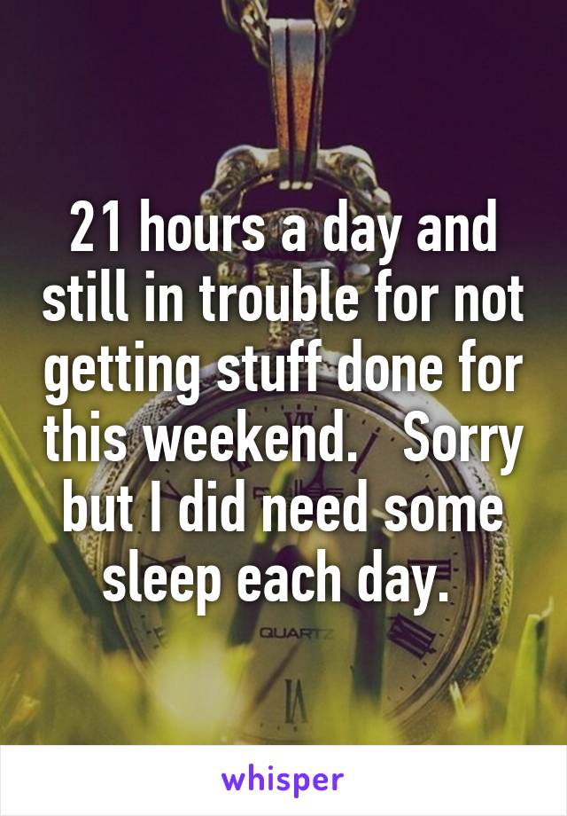 21 hours a day and still in trouble for not getting stuff done for this weekend.   Sorry but I did need some sleep each day. 